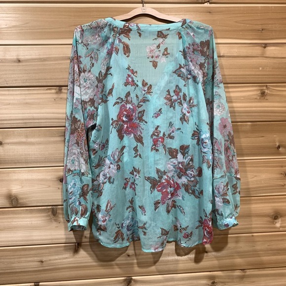 Figueroa & Flower Blouse Womens XL Teal Floral Sheer Button Front Paisley - Picture 9 of 11